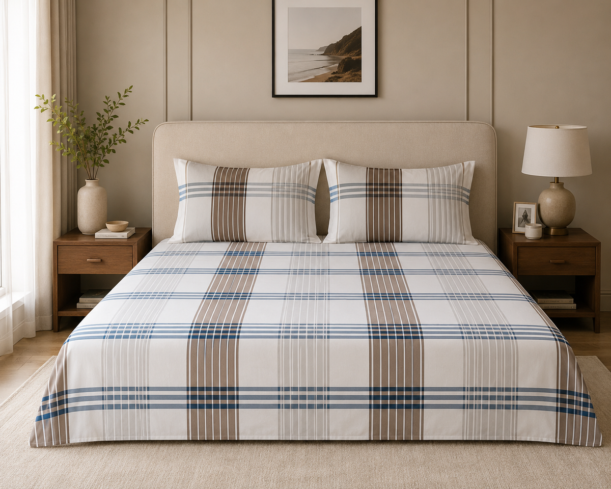 Brown & Blue Check King Size Cotton Bedsheet