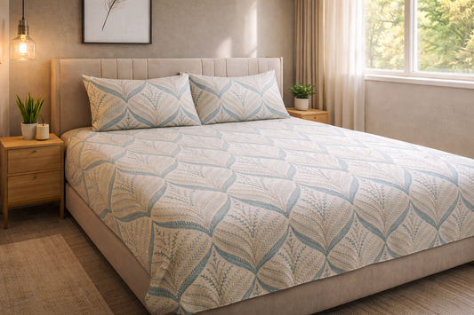 Fern & Floral Motif 100% Cotton King Size Bedsheet with 2 Pillow Covers