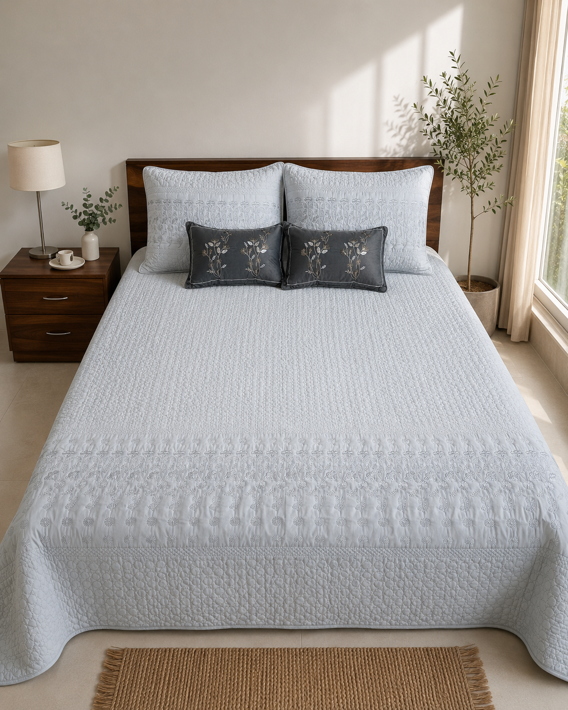 Light Gray Tufted Quilted Luxurious 5-piece Bedcover Set
