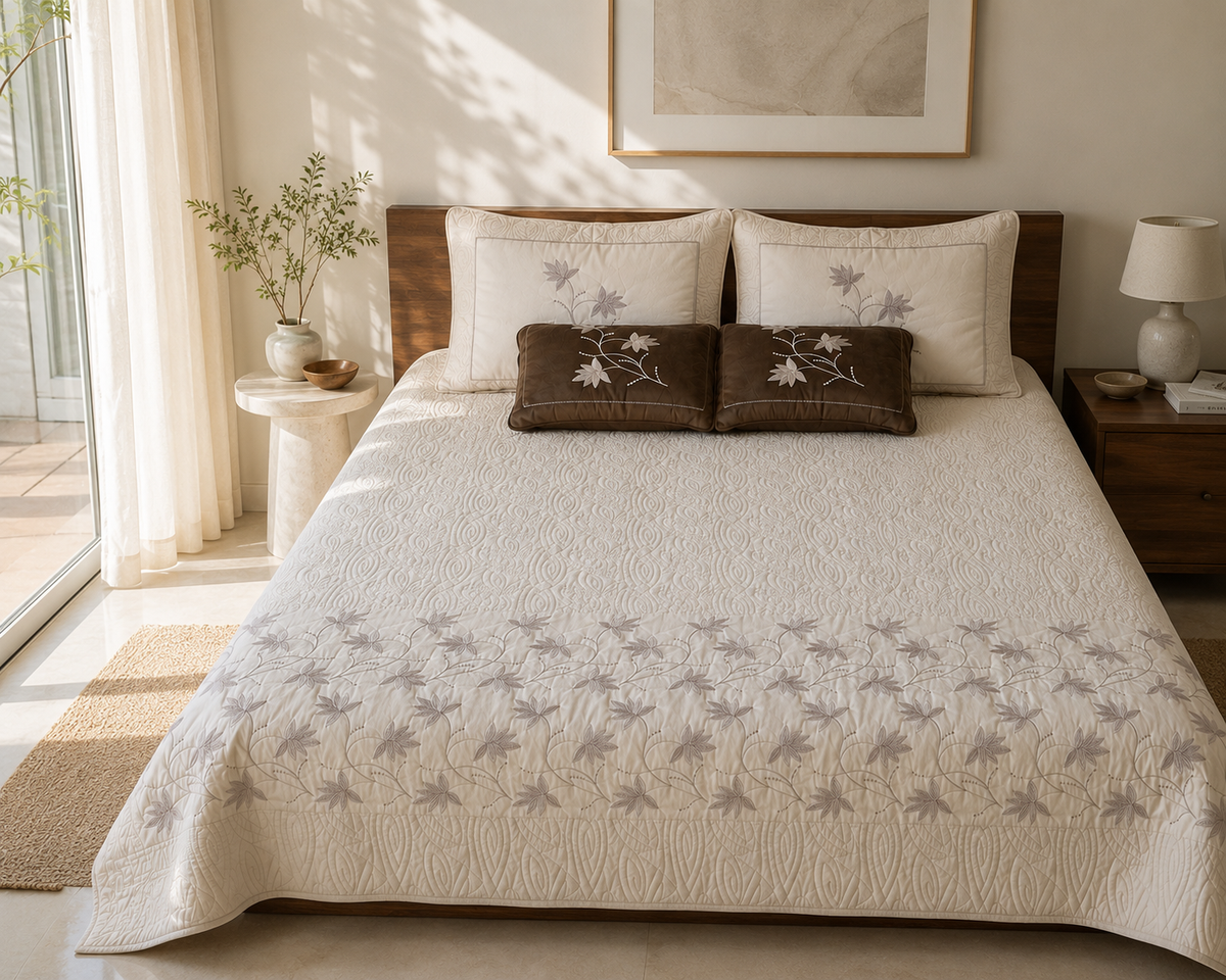 Beige Tufted Quilted Luxurious 5-piece Bedcover Set