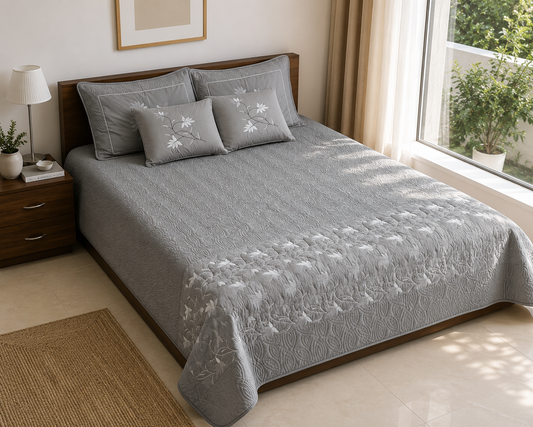 Gray Tufted Quilted Luxurious 5-piece Bedcover Set