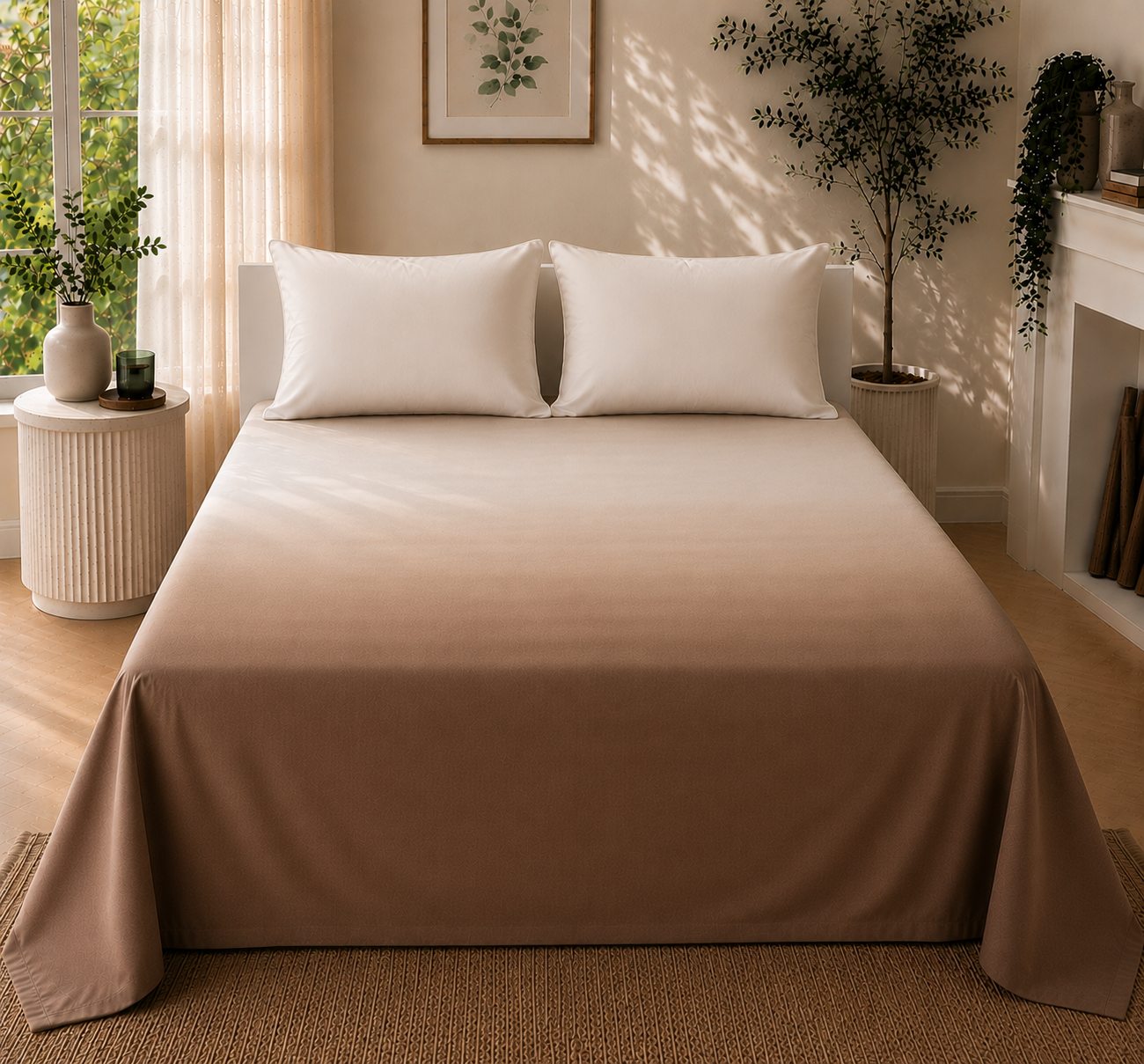 Brown White Gradient Satin-Cotton Premium King Size Bedsheet Set