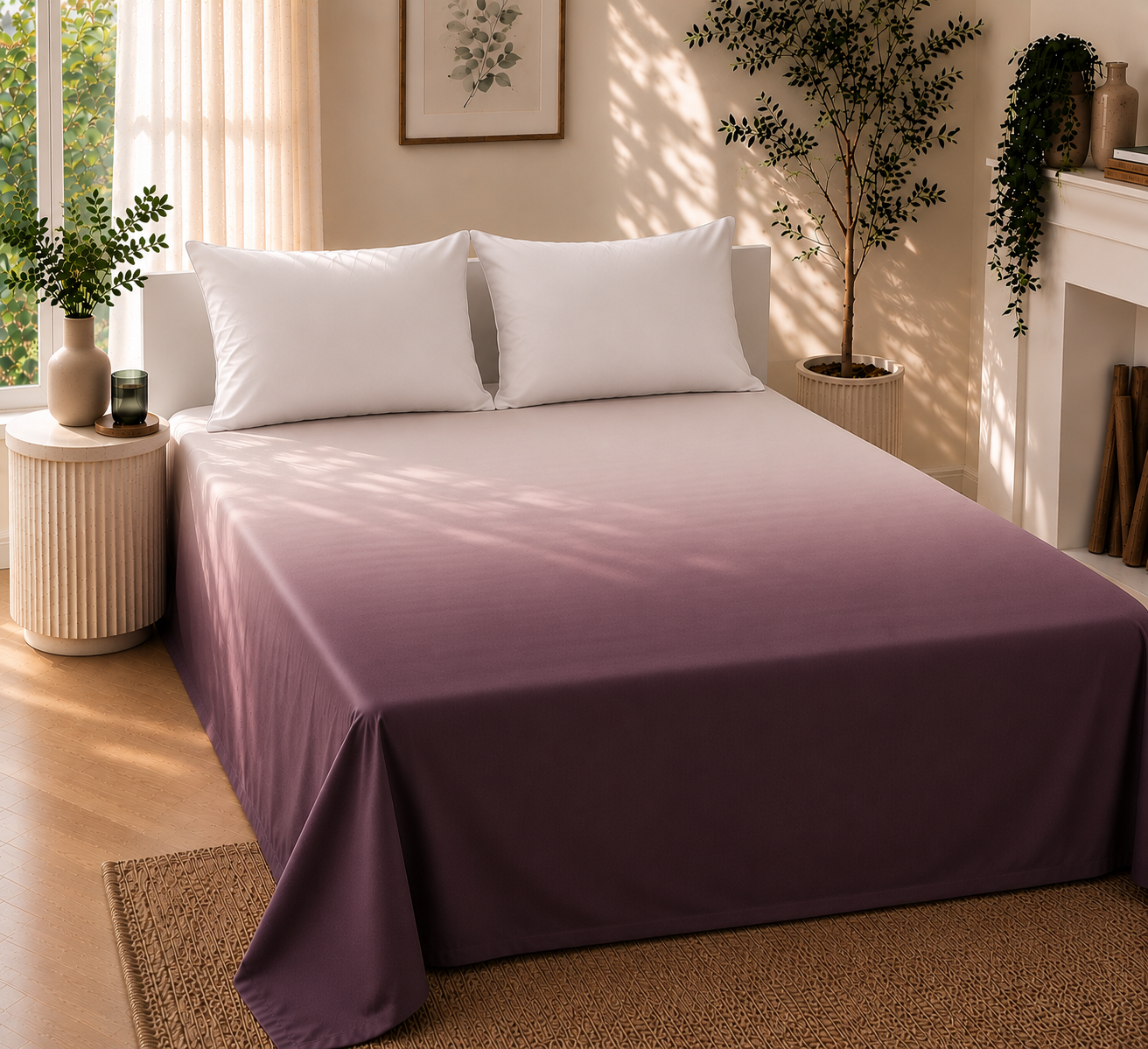 Dark Mauve & White Gradient Satin-Cotton Premium King Size Bedsheet Set