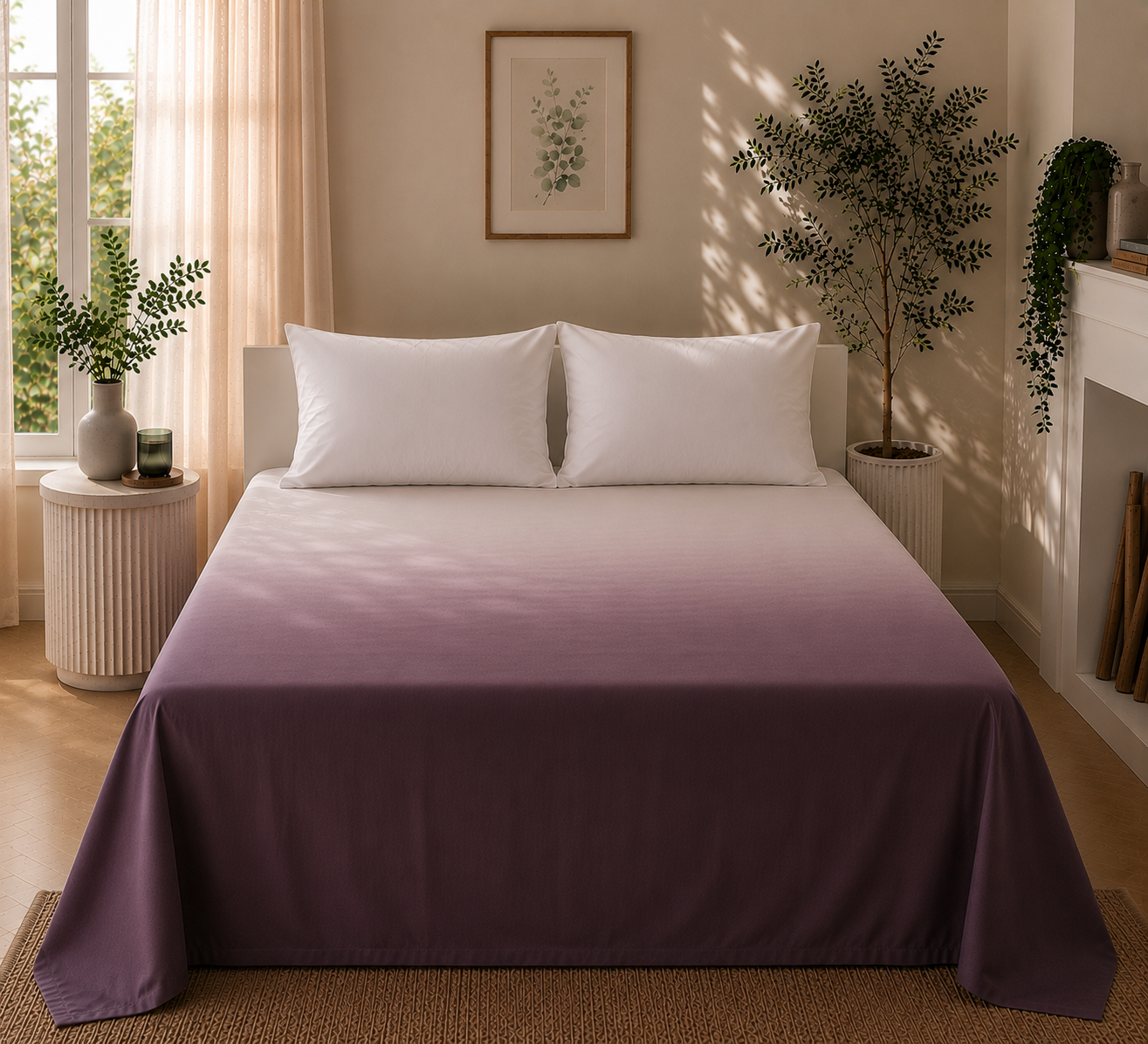 Dark Mauve & White Gradient Satin-Cotton Premium King Size Bedsheet Set