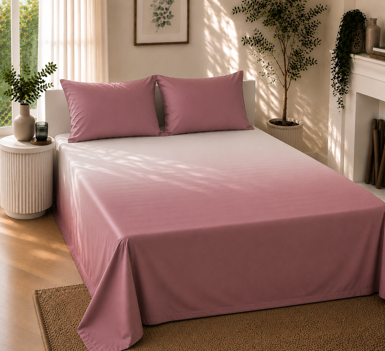 Pink Gradient Satin-Cotton Premium King Size Bedsheet Set