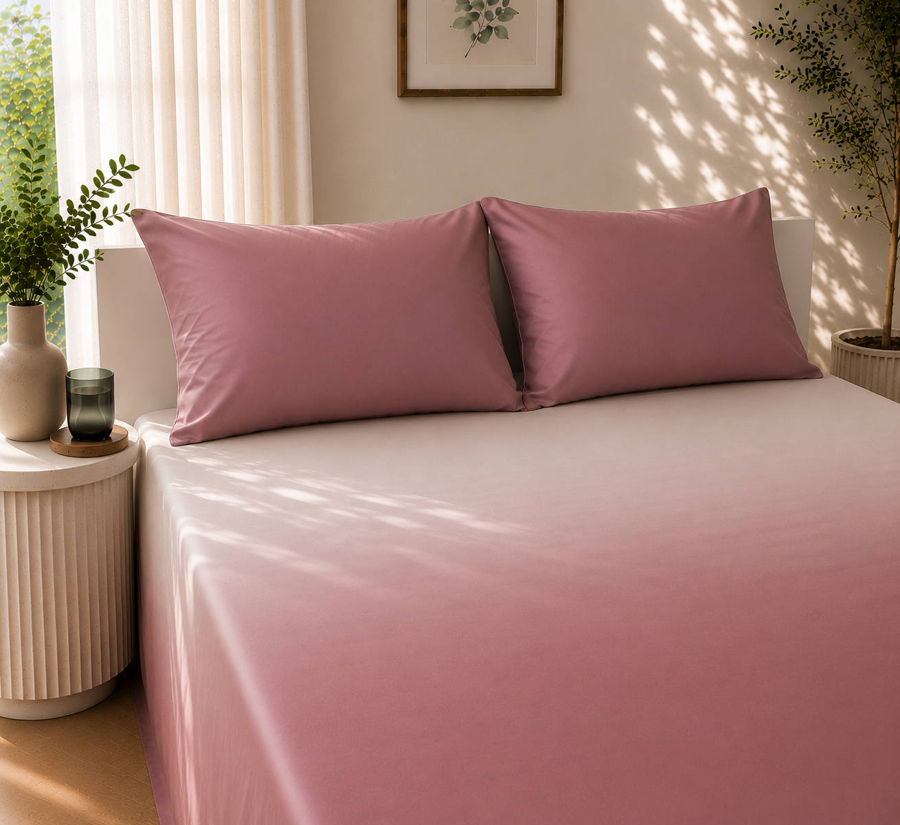 Pink Gradient Satin-Cotton Premium King Size Bedsheet Set