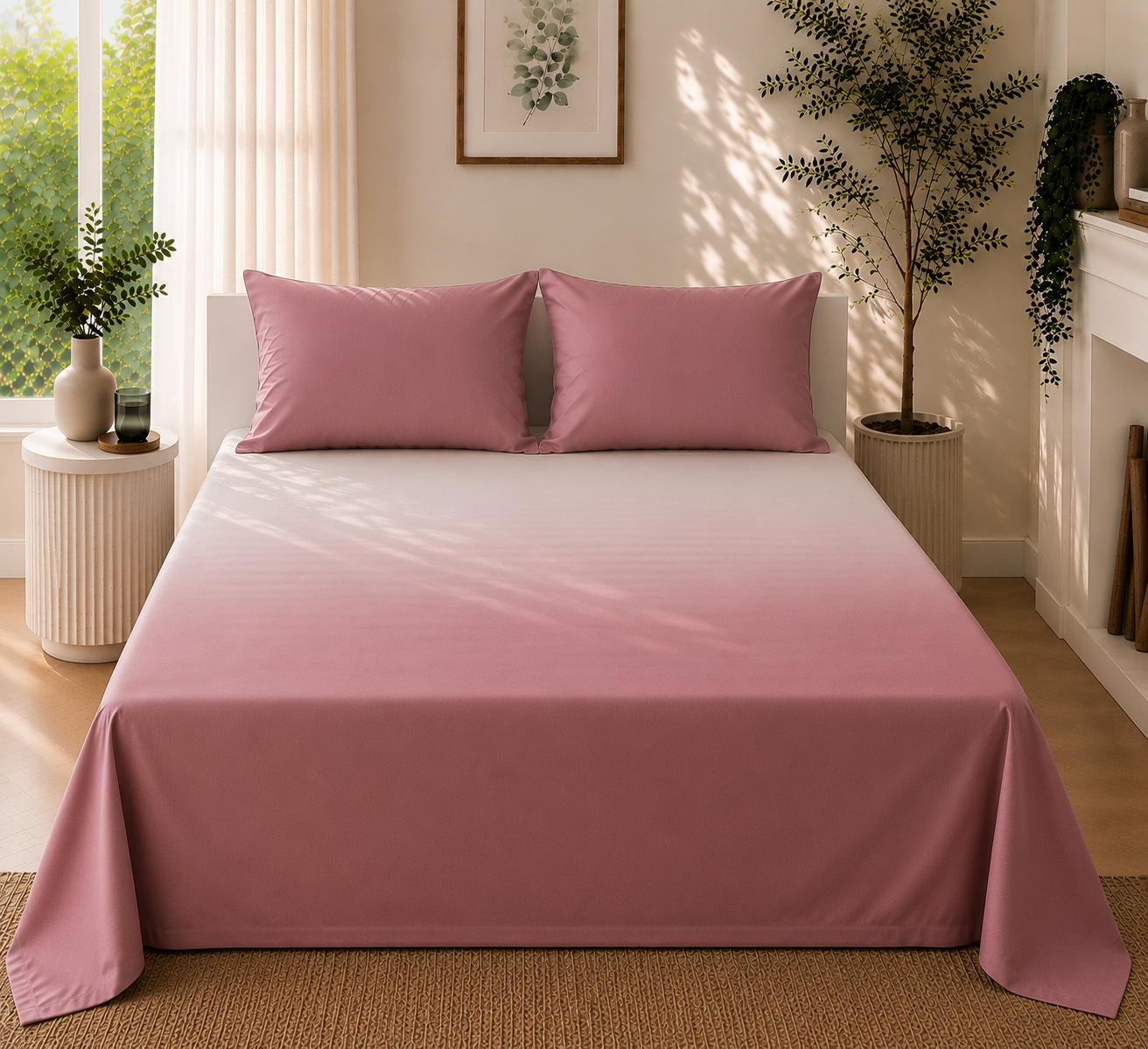Pink Gradient Satin-Cotton Premium King Size Bedsheet Set