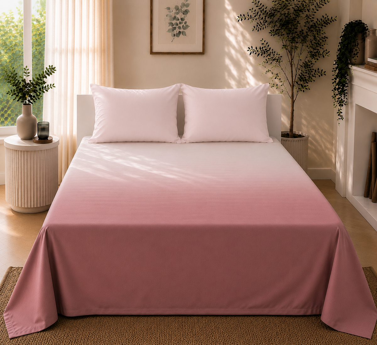 Pink White Gradient Satin-Cotton Premium King Size Bedsheet Set