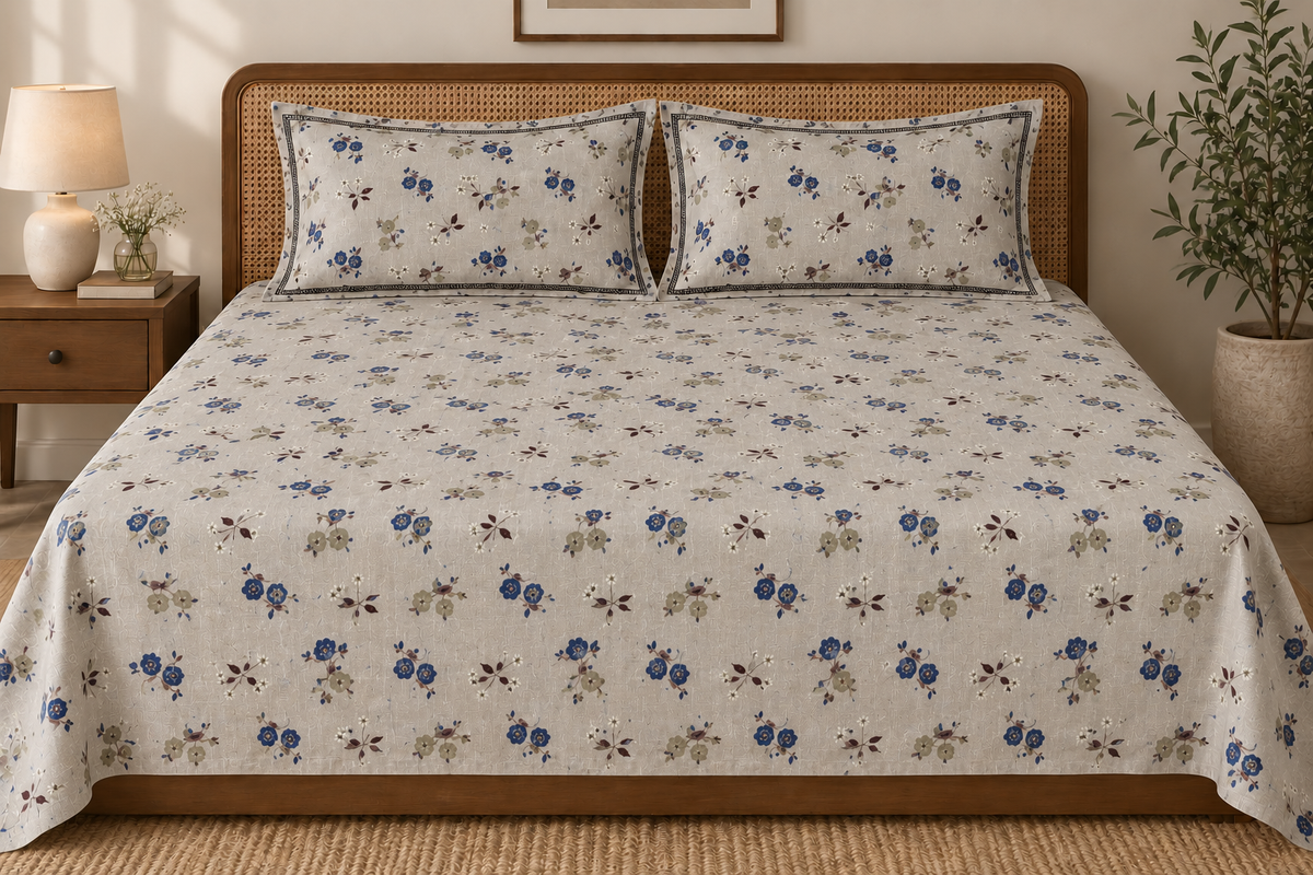 Beige Floral 300 TC Pure Cotton King Size Bedsheet Set