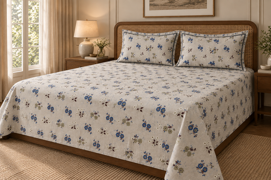 Beige Floral 300 TC Pure Cotton King Size Bedsheet Set