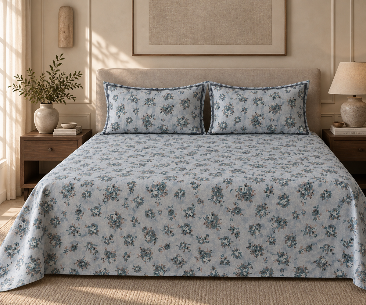 Blue Vintage Rose 300 TC Cotton King Size Bedsheet
