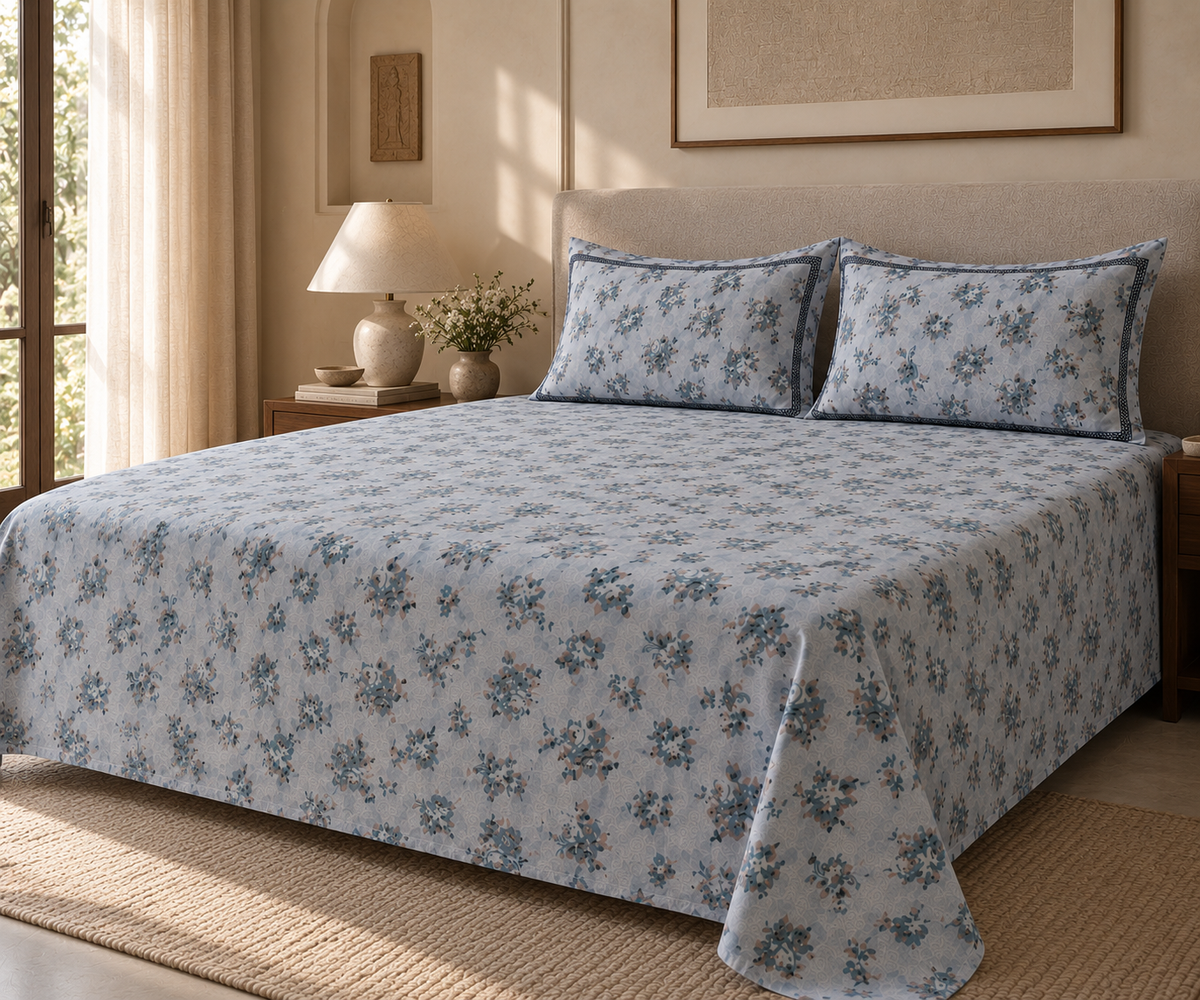Blue Vintage Rose 300 TC Cotton King Size Bedsheet