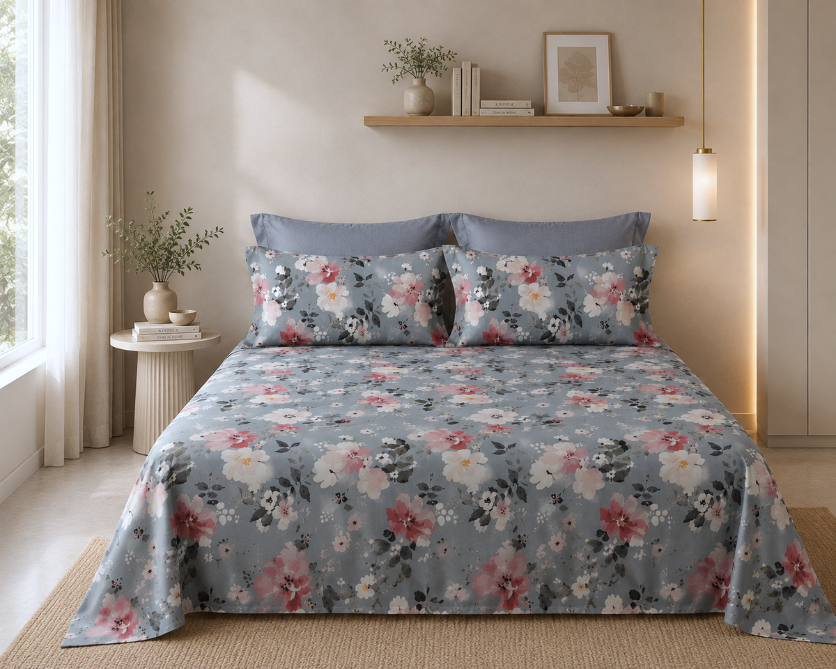 Pink & Blue Botanical Print King Size Bedsheet