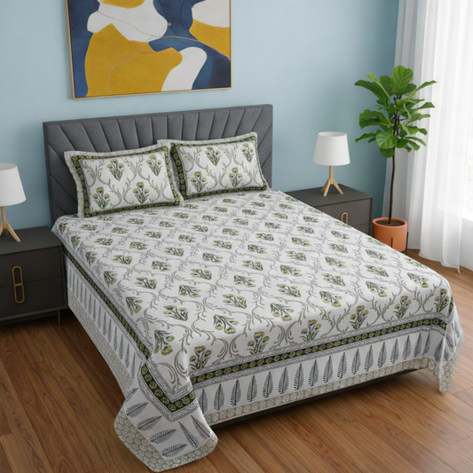 Green and White Jaipuri Print 200 TC Pure Cotton King Size Bedsheet with 2 Pillow Covers