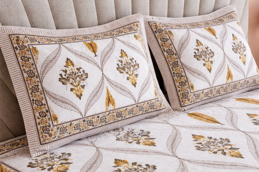 Yellow & White Jaipuri Handblock 200 TC 100% Pure Cotton King Size Bedsheet with 2 Pillow Covers