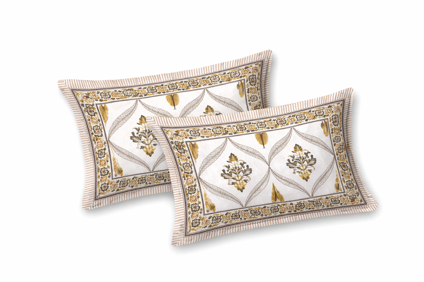 Yellow & White Jaipuri Handblock 200 TC 100% Pure Cotton King Size Bedsheet with 2 Pillow Covers