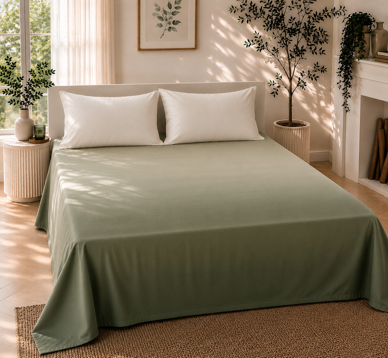 Green White Gradient Satin-Cotton Premium King Size Bedsheet Set