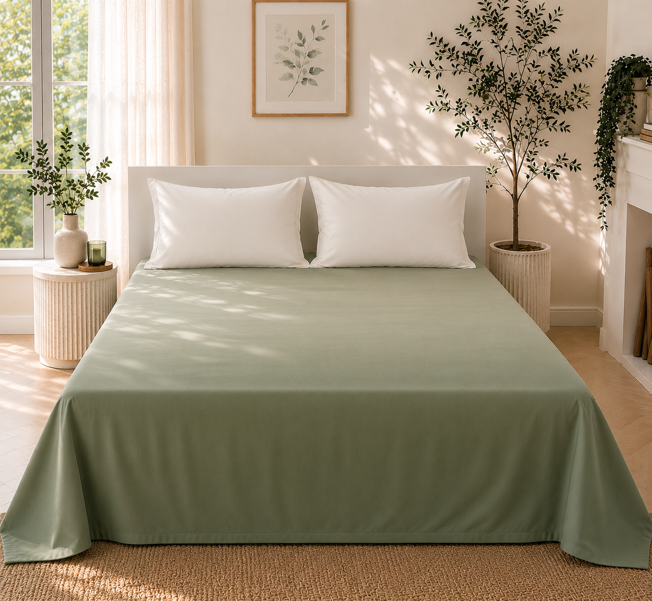 Green White Gradient Satin-Cotton Premium King Size Bedsheet Set