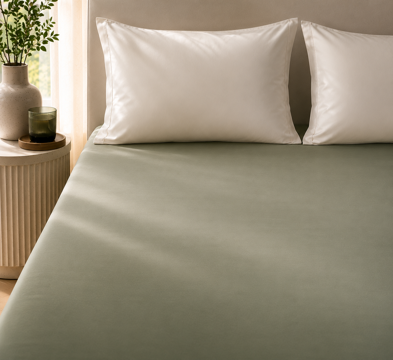 Green White Gradient Satin-Cotton Premium King Size Bedsheet Set