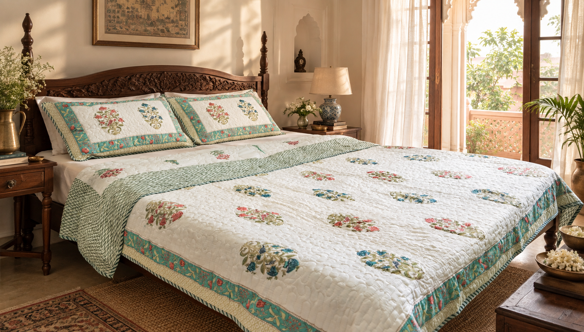 Double-Sided Jaipuri block print, 100% Mulmul Cotton Bedcover – Multicolor Floral Elegance