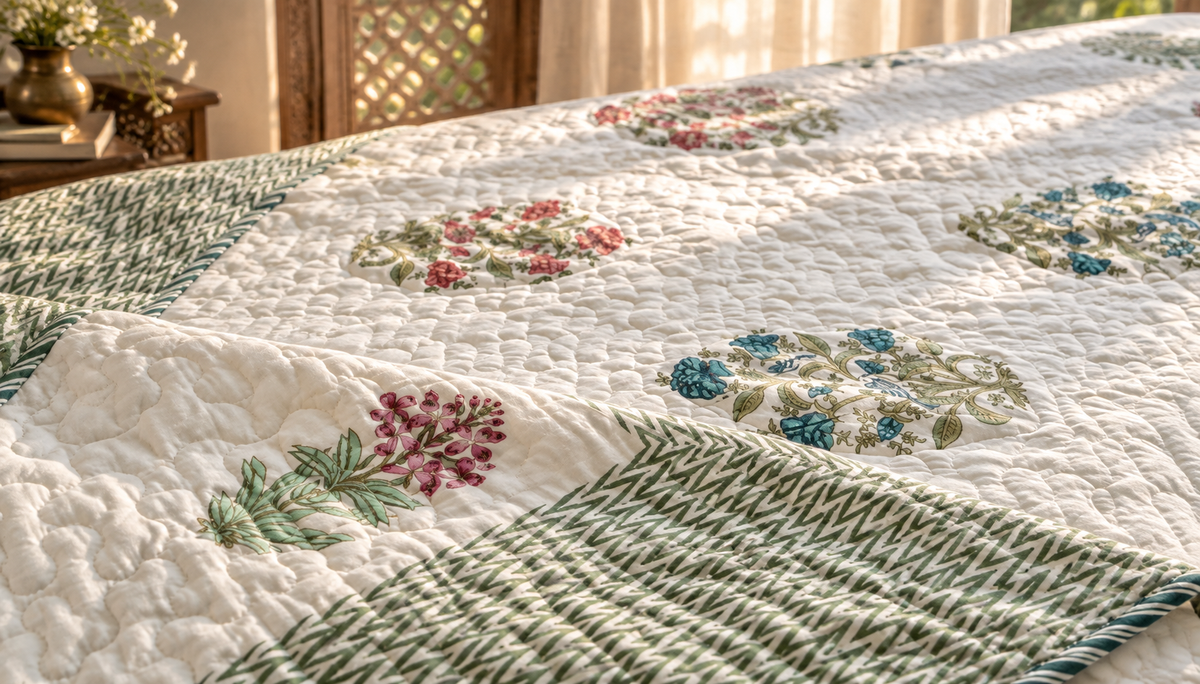 Double-Sided Jaipuri block print, 100% Mulmul Cotton Bedcover – Multicolor Floral Elegance