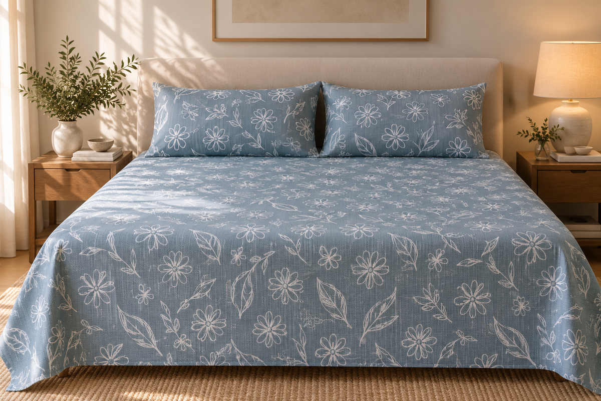 Blue White Doodle Pure Cotton King Size Bedsheet