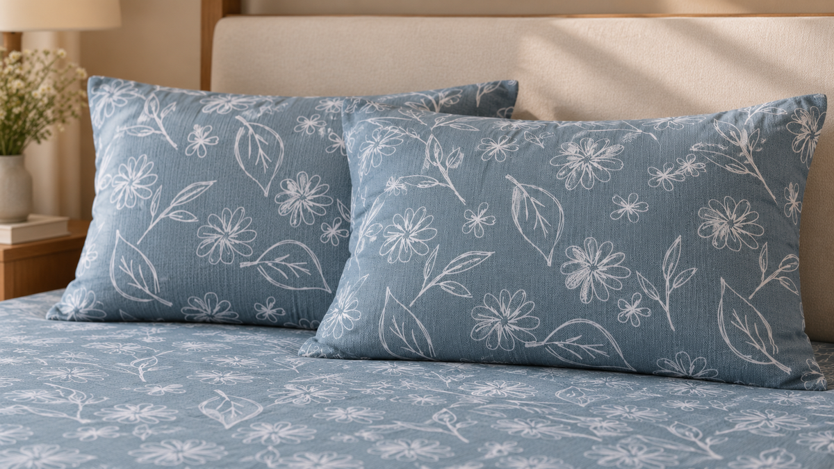 Blue White Doodle Pure Cotton King Size Bedsheet