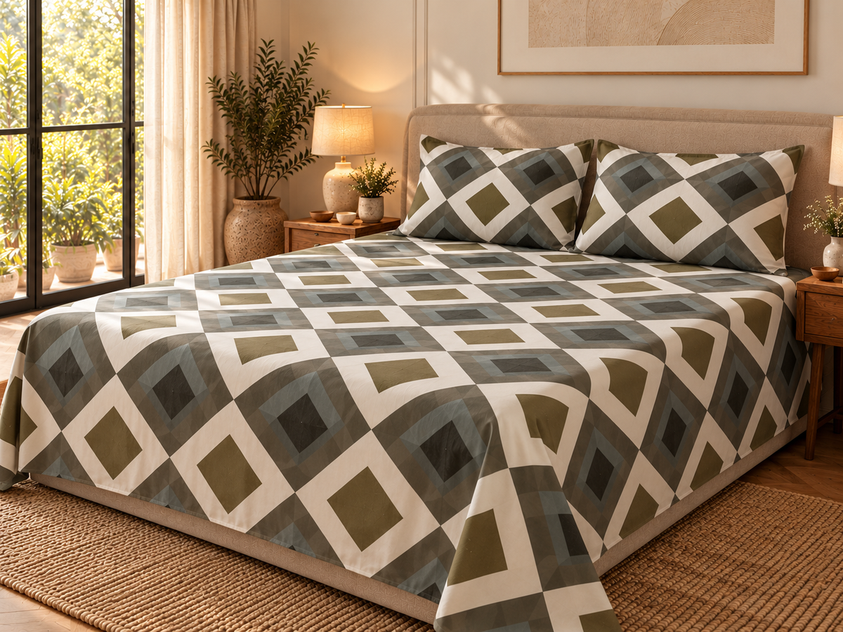 Olive Beige Geometric Grid King Size Pure Cotton Bedsheet