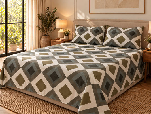Olive Beige Geometric Grid King Size Pure Cotton Bedsheet