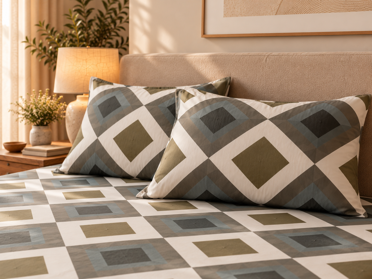 Olive Beige Geometric Grid King Size Pure Cotton Bedsheet