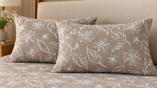 Beige Floral Doodle King Size Pure Cotton Bedsheet