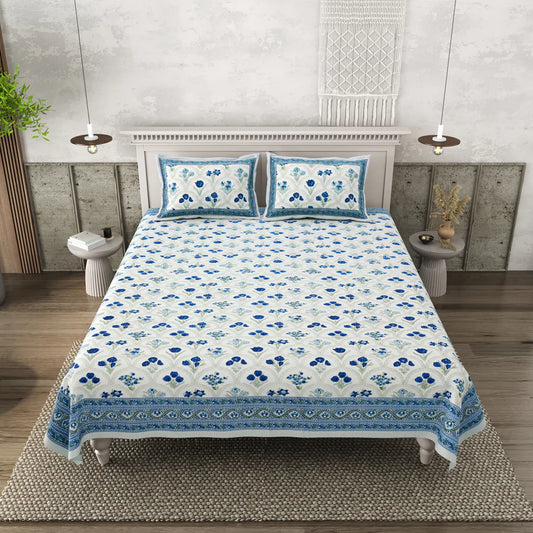 Blue Floral Mulmul Quilted Bedcover 4-Piece Set