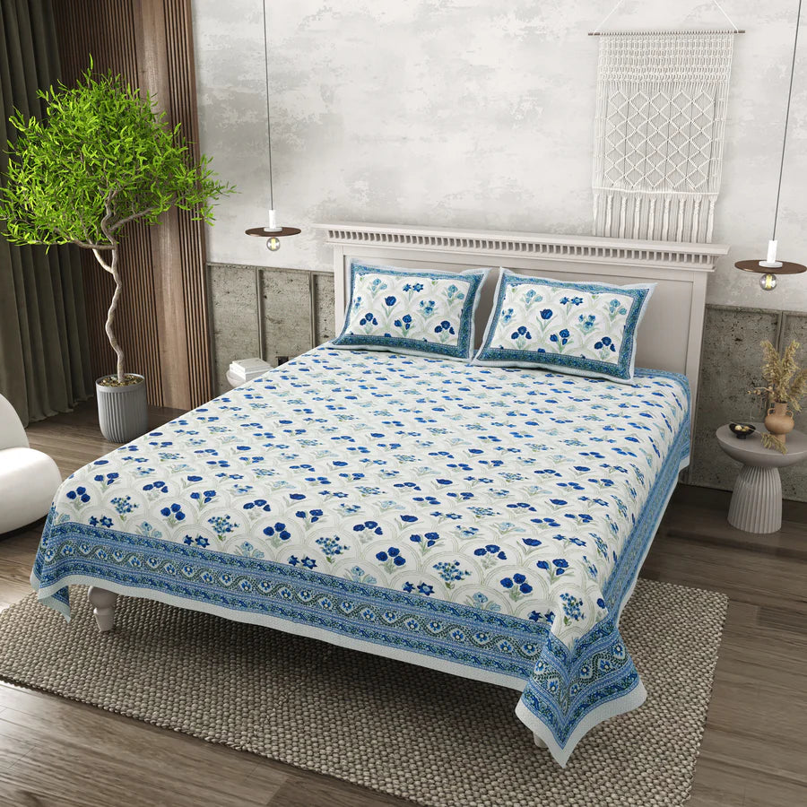 Blue Floral Mulmul Quilted Bedcover 4-Piece Set