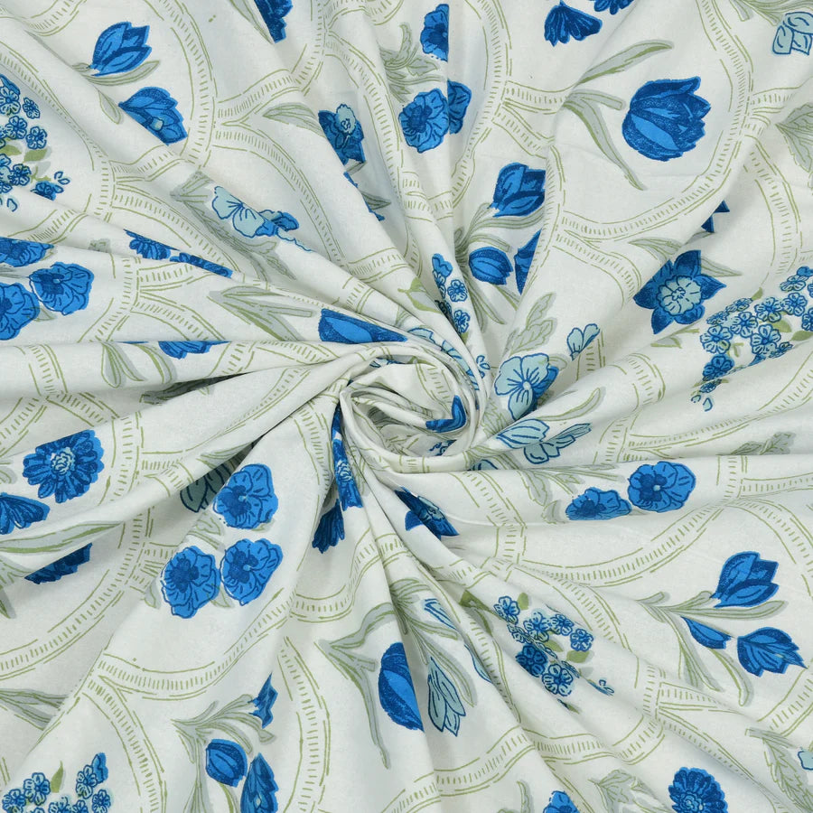 Blue Floral Mulmul Quilted Bedcover 4-Piece Set