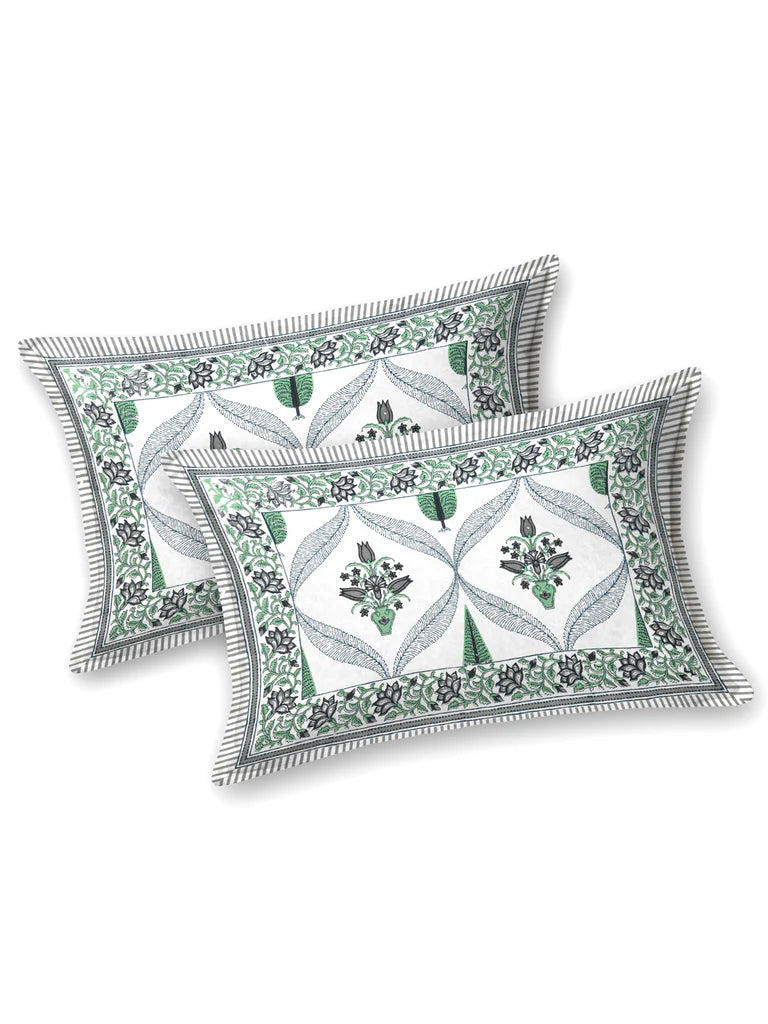 Green & White Jaipuri Handblock 200 TC 100% Pure Cotton King Size Bedsheet with 2 Pillow Covers