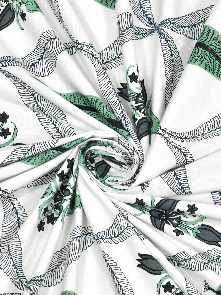Green & White Jaipuri Handblock 200 TC 100% Pure Cotton King Size Bedsheet with 2 Pillow Covers