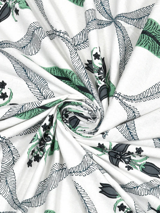 Green & White Jaipuri Handblock 200 TC 100% Pure Cotton King Size Bedsheet with 2 Pillow Covers