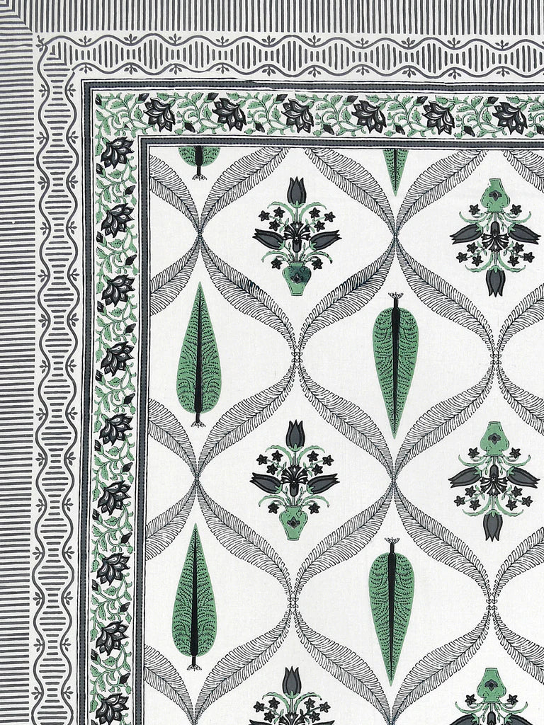Green & White Jaipuri Handblock 200 TC 100% Pure Cotton King Size Bedsheet with 2 Pillow Covers