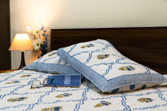 Jaipuri Mulmul Hand-Block Printed Bedcover Set - Blue & White with floral motifs