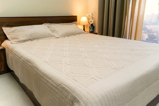 King Size Quilted Bedcover – 100% Mulmul Cotton with Textured Tone-on-Tone Design - Beige