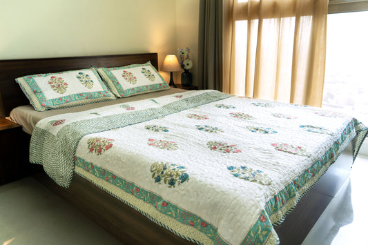 Double-Sided Jaipuri block print, 100% Mulmul Cotton Bedcover – Multicolor Floral Elegance