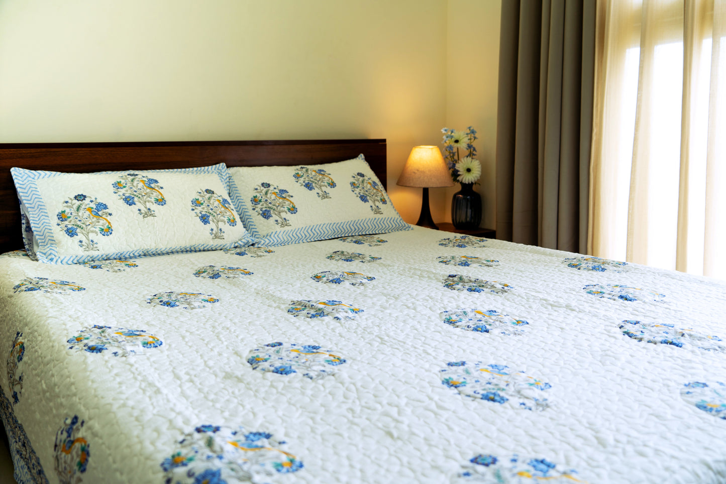 Quilted Hand-Block Printed Bedcover – 100% Mulmul Cotton in Blue Floral Motif