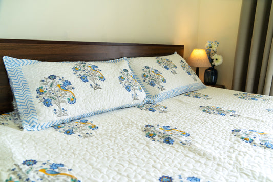 Quilted Hand-Block Printed Bedcover – 100% Mulmul Cotton in Blue Floral Motif