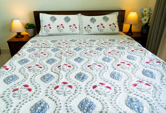 Quilted Mulmul Bedcover – Hand Block Printed in Sanganeri-Bagru Fusion Floral & Diamond Design