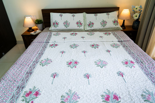 King Size Quilted Bedcover – 100% Mulmul Cotton Hand Block Print in Jaipuri-Sanganeri Floral Motif