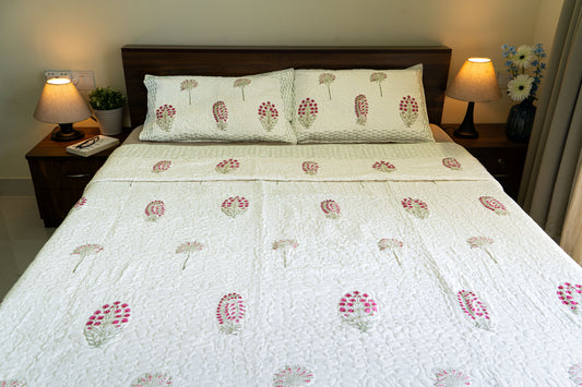 King Size Quilted Bedcover – 100% Mulmul Cotton Hand Block Print in Jaipuri-Sanganeri-Ajrakh Inspired Floral Design