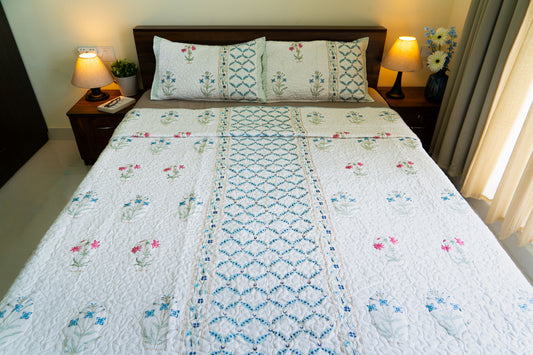 Quilted King Size Hand Block Printed Bedcover – 100% Mulmul Cotton