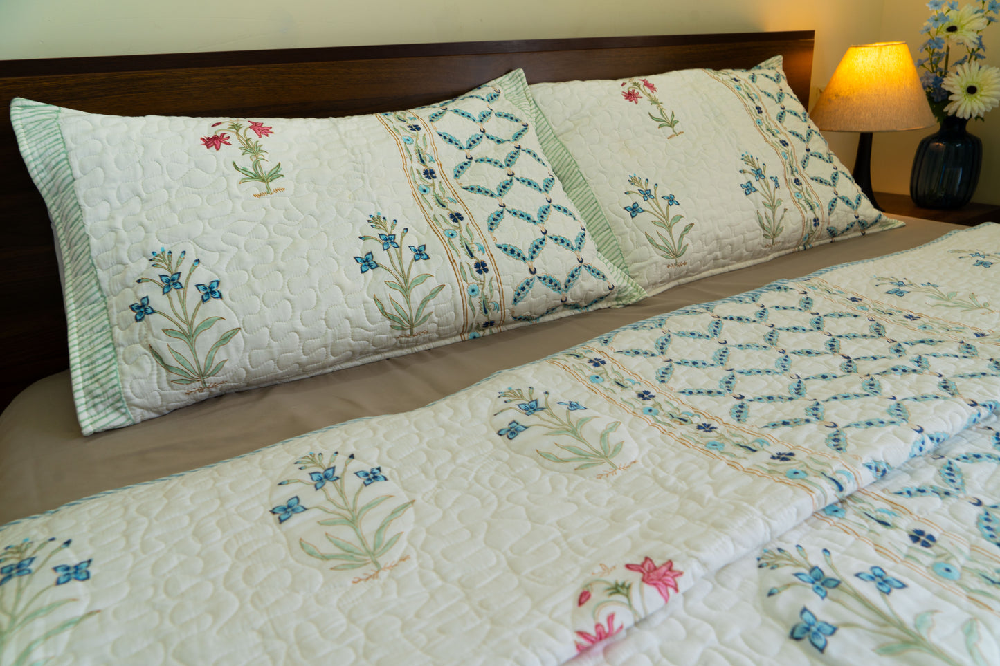 Quilted King Size Hand Block Printed Bedcover – 100% Mulmul Cotton