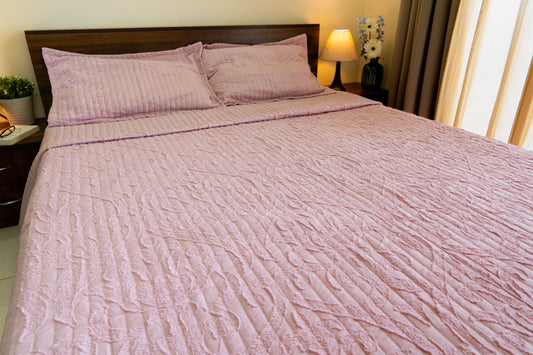 King Size Quilted Bedcover – 100% Mulmul Cotton with Textured Tone-on-Tone Design - Pink