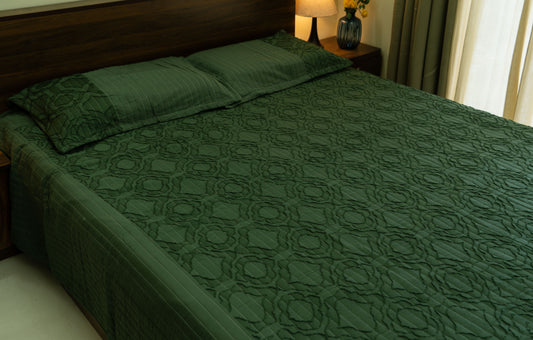 King Size Quilted Bedcover – 100% Mulmul Cotton in Deep Olive with Subtle Geometric Block Pattern